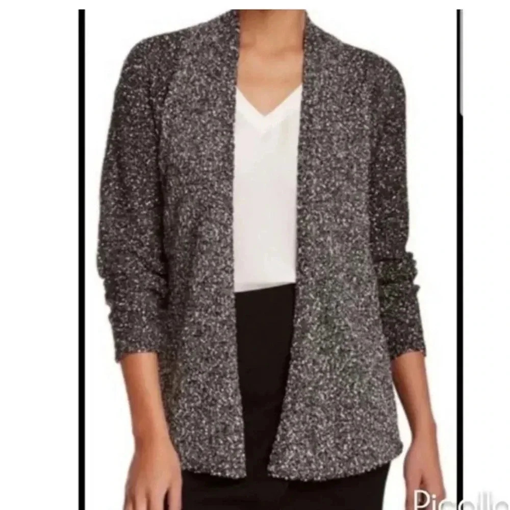 Eileen Fisher - Black White - Micro Tweed Cotton Open Front Cardigan - Size SP